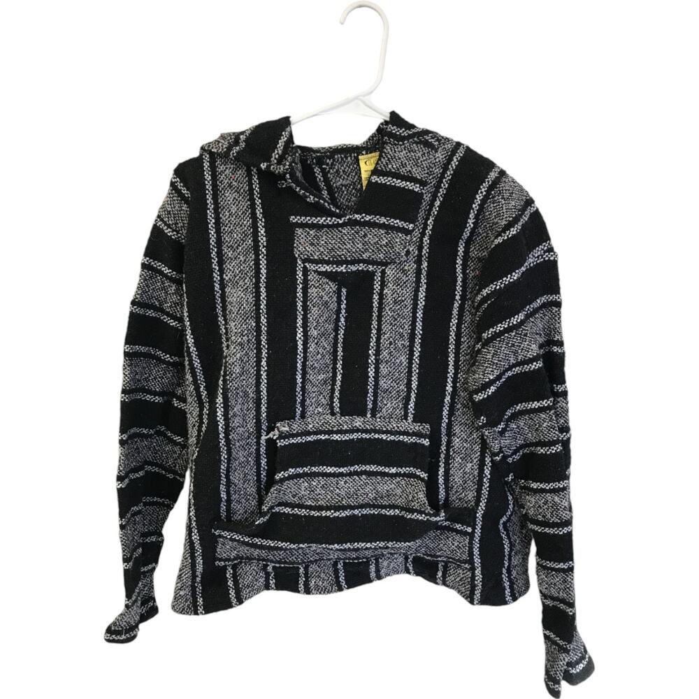 Franks Pullover Hoodie Women 20"x 19" Black Gray Mexican Poncho Baja Long Sleeve